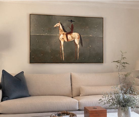 Customer photo review of Plains Rider – Vintage Americana Minimalist Cowboy on Horseback Painting | Western Modern Living Room Art