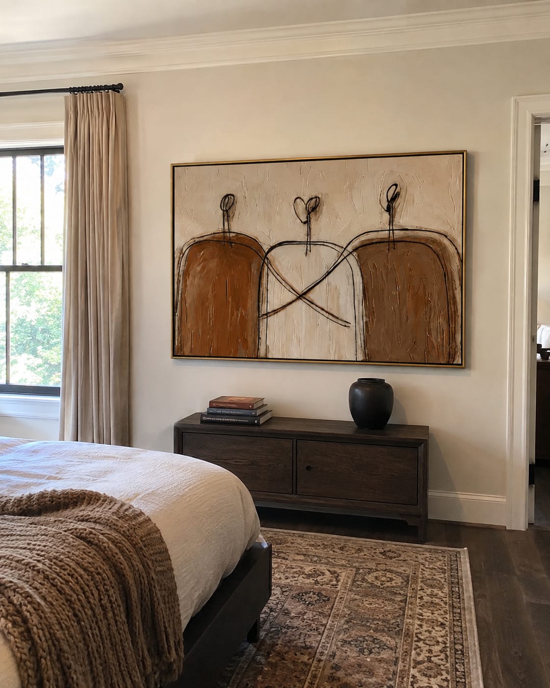 Customer photo review of Linked Silhouettes – Minimalist Cream Line-Figure Painting | Modern Neutral Living Room Art