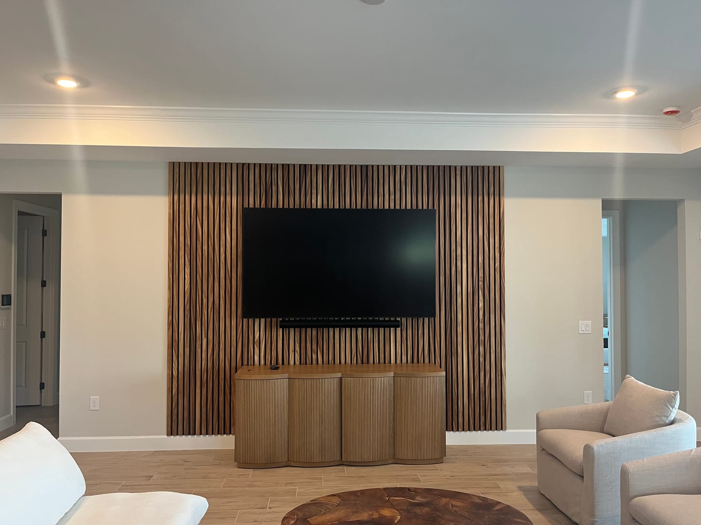 Customer photo review of AFD Zebra Wood Extra Wide Acoustic Slat Panel Sample 120"