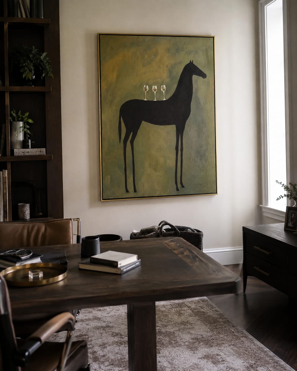 Customer photo review of The Cellar Horse – Vintage Americana Black Horse Wine Painting | Modern Luxury Dining Room Art