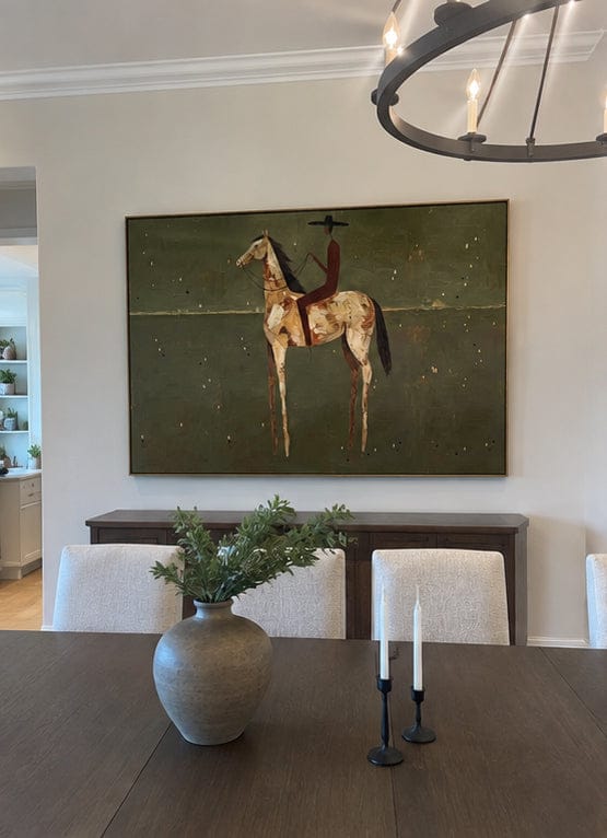 Customer photo review of Plains Rider – Vintage Americana Minimalist Cowboy on Horseback Painting | Western Modern Living Room Art