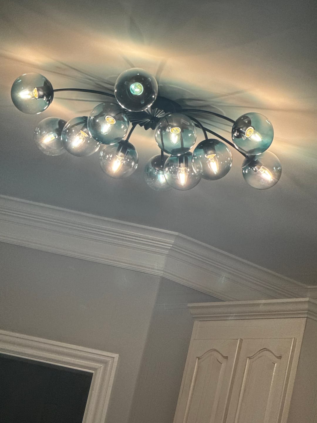 Customer photo review of Glam Bloom 12-Light Blue Glass Bubble Semi Flush Chandelier
