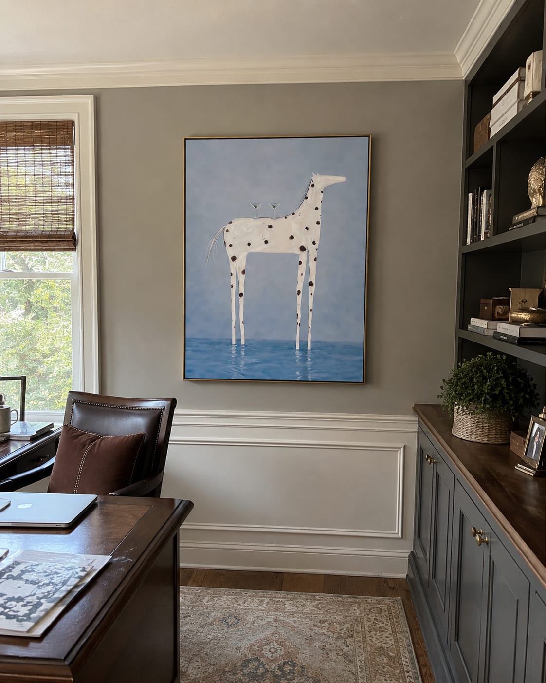 Customer photo review of Cocktail Hour Wading Horse – Surreal White Horse & Martini Painting | Whimsical Modern Living Room Wall Art