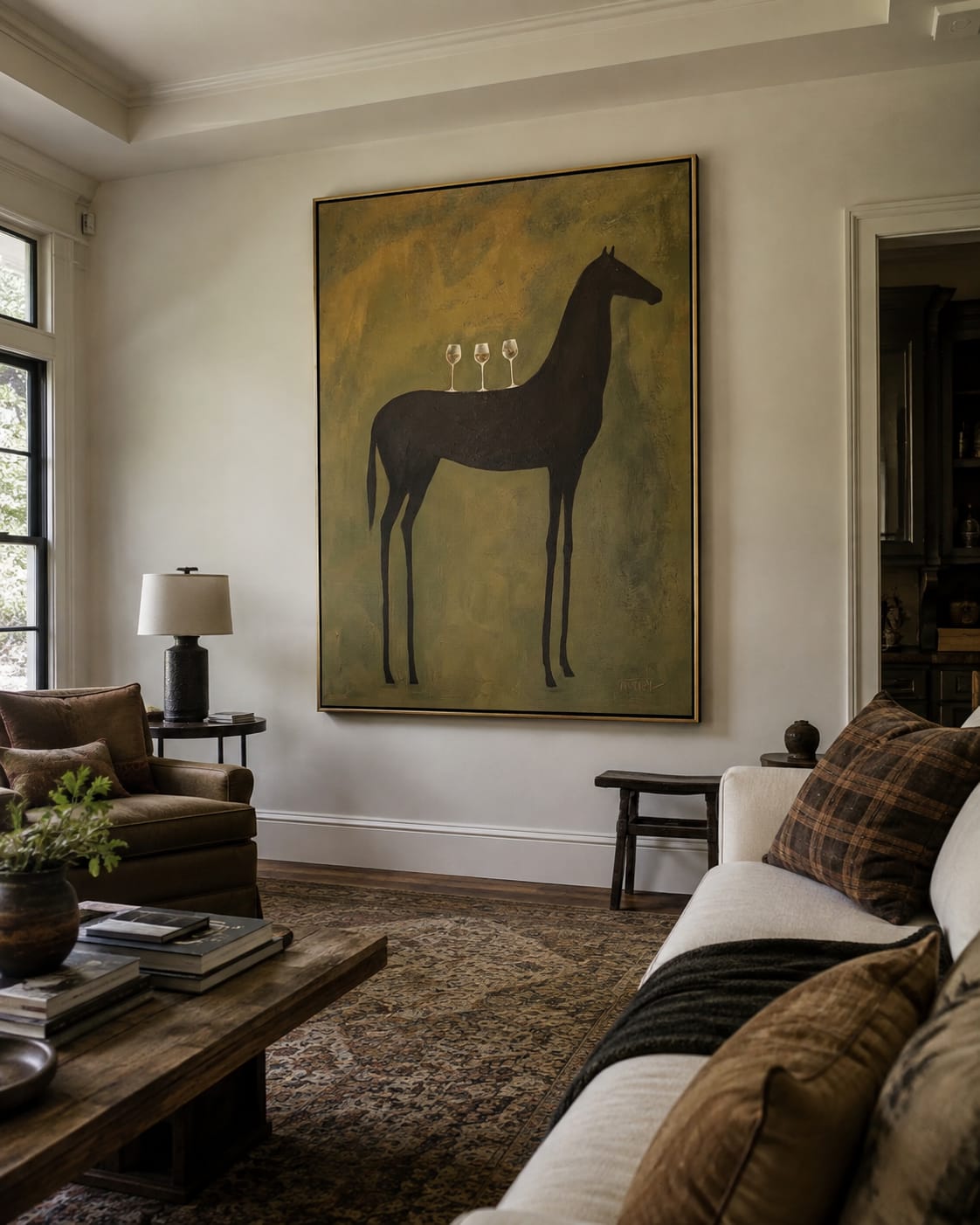 Customer photo review of The Cellar Horse – Vintage Americana Black Horse Wine Painting | Modern Luxury Dining Room Art