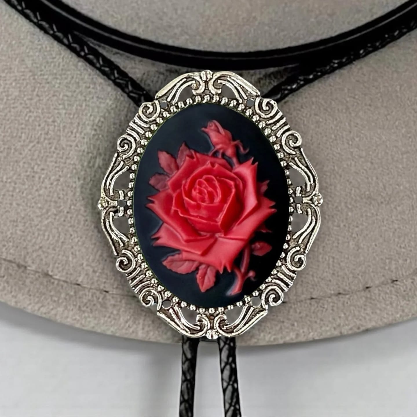 Customer photo review of Silver Black & Red Rose Bolo Tie, Gothic Western Style