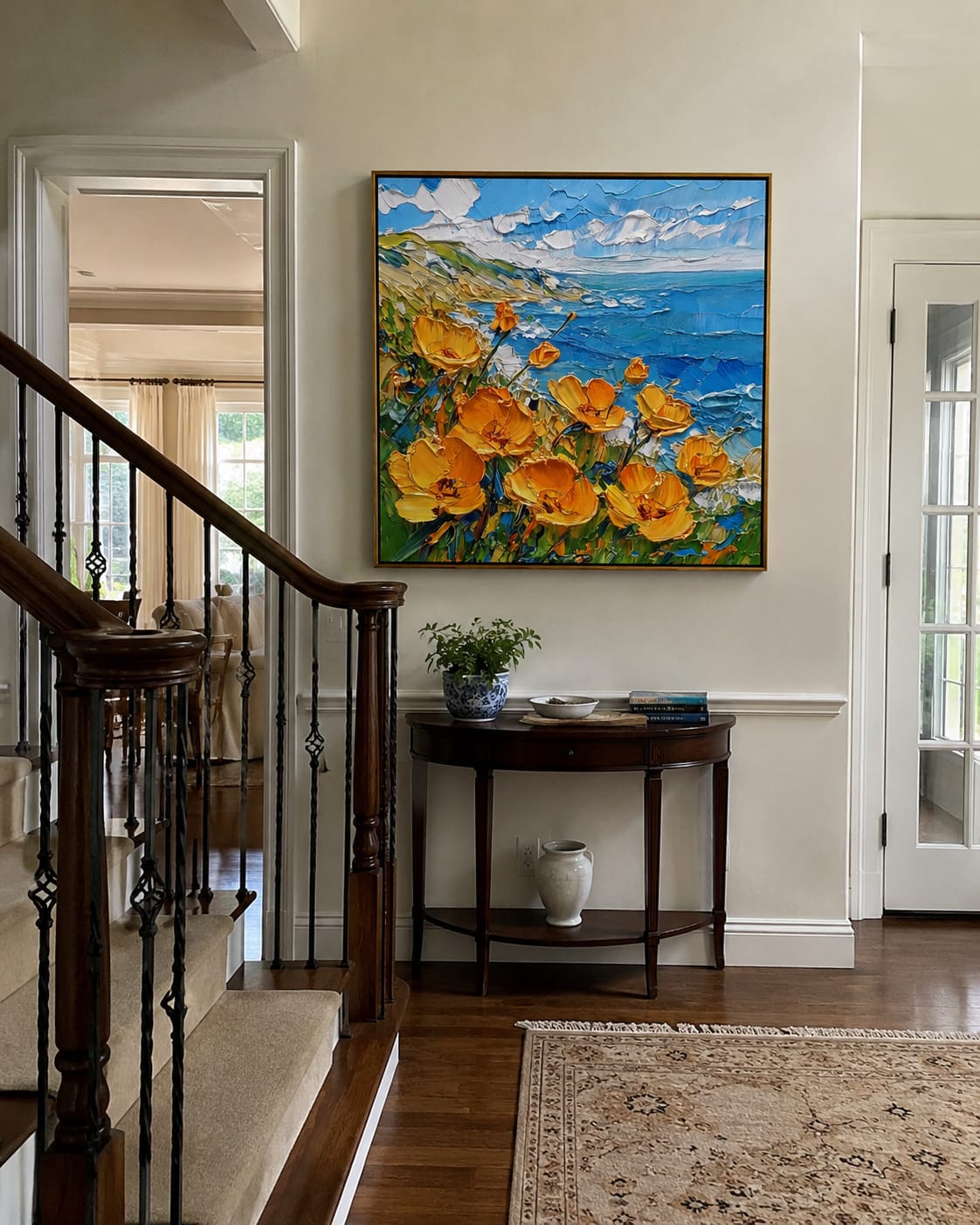 Customer photo review of Wildflower Turquoise Cove – Orange & Turquoise Coastal Painting | Coastal Living Room Wall Art