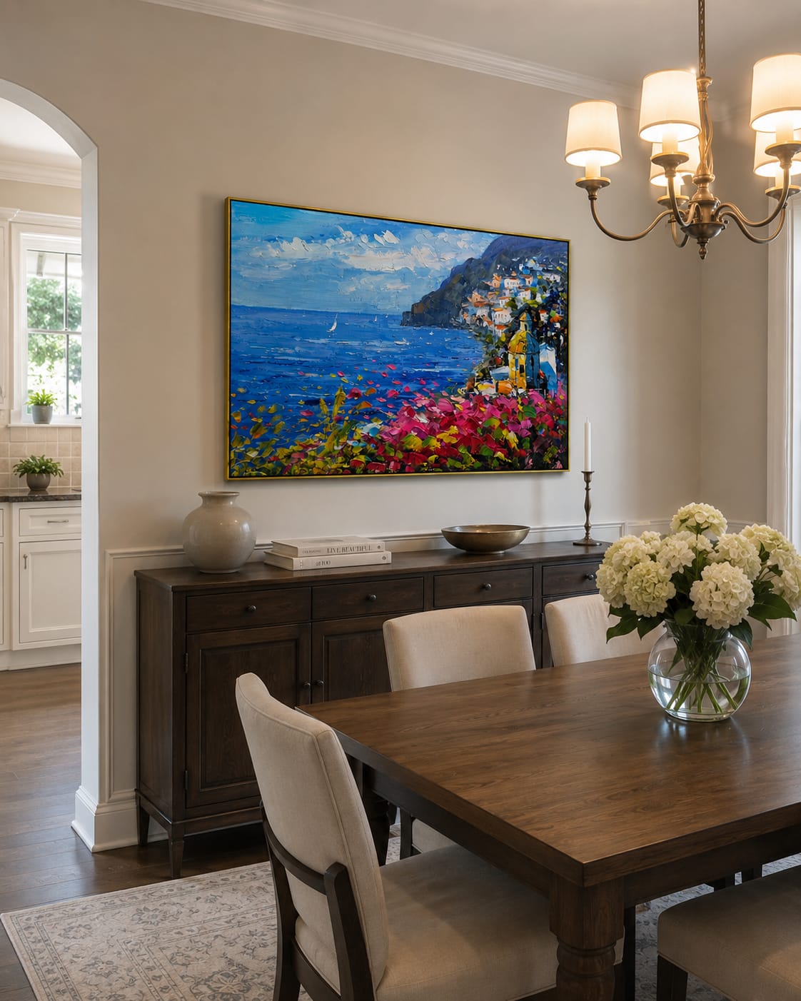 Customer photo review of Bougainvillea Cliffside Bay – Pink & Blue Coastal Village Painting | Coastal Living Room Wall Art