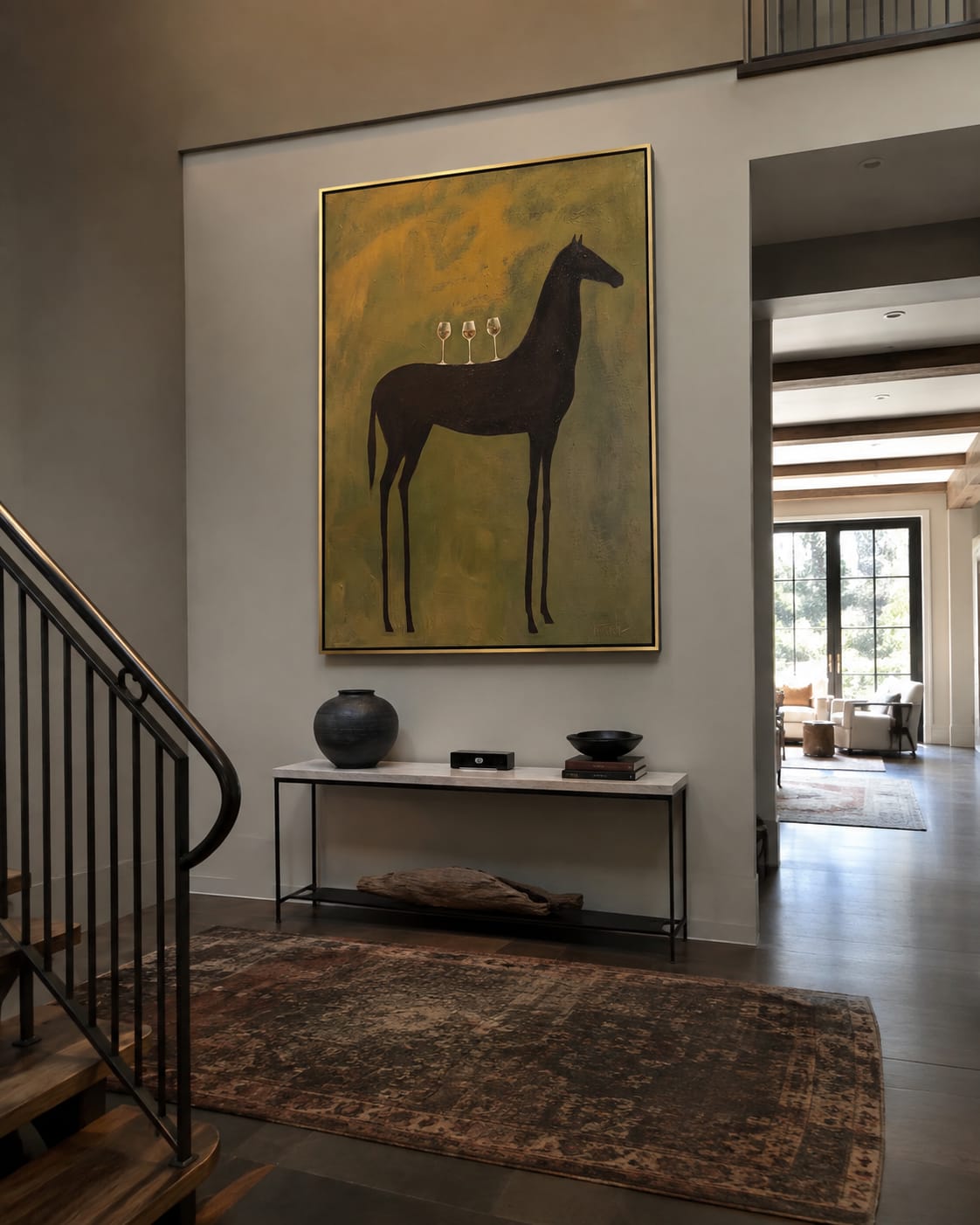 Customer photo review of The Cellar Horse – Vintage Americana Black Horse Wine Painting | Modern Luxury Dining Room Art