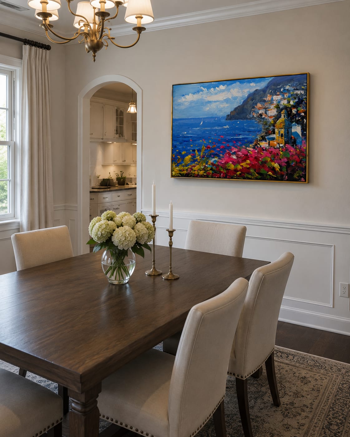 Customer photo review of Bougainvillea Cliffside Bay – Pink & Blue Coastal Village Painting | Coastal Living Room Wall Art