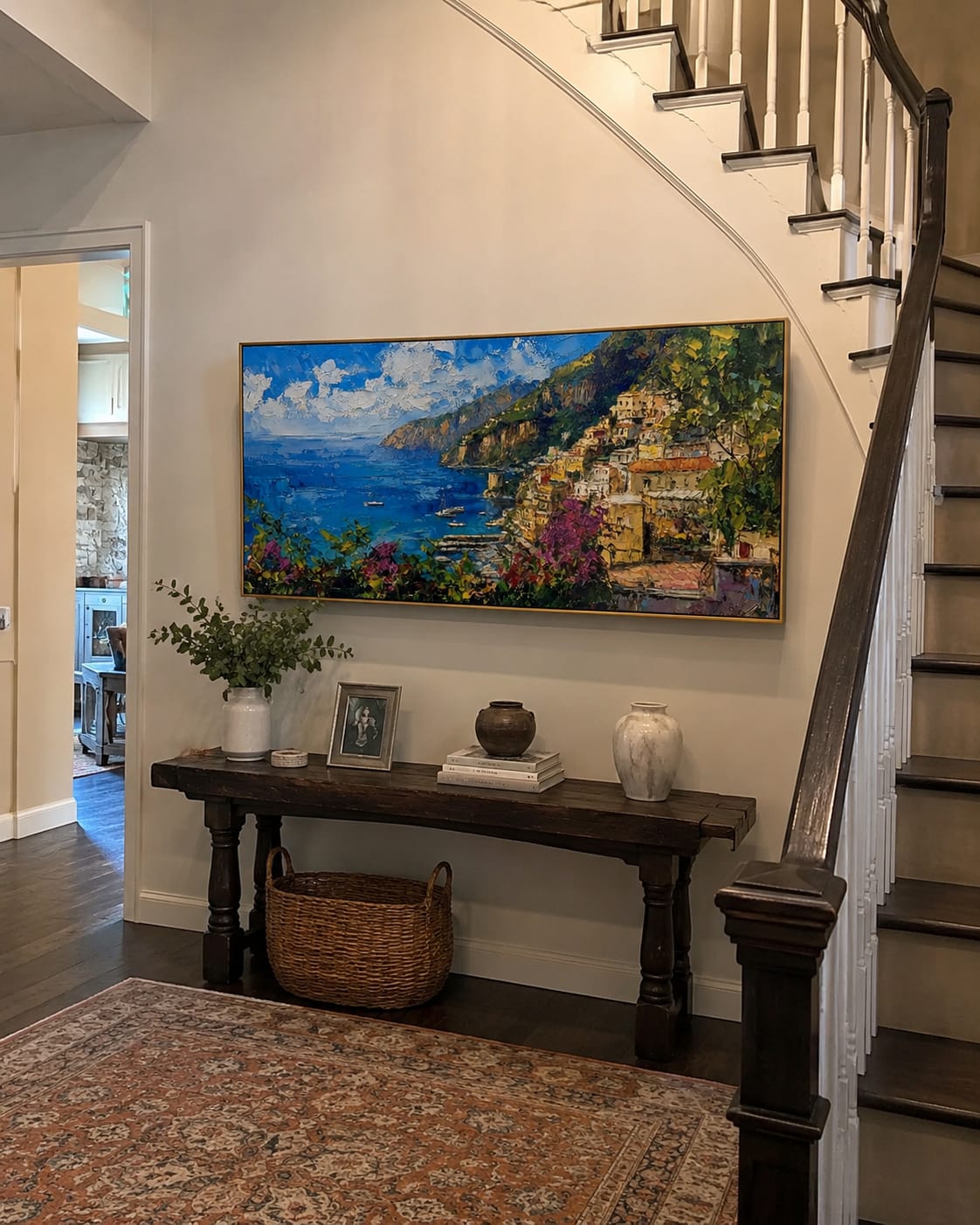 Customer photo review of Golden Coast Panorama – Blue & Green Cliffside Village Painting | Coastal Panoramic Living Room Wall Art