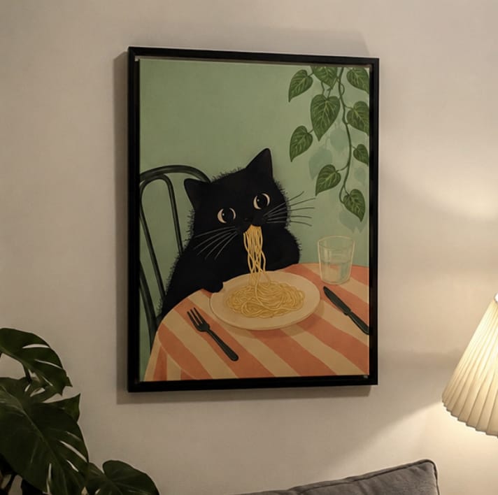 Customer photo review of Black Cat Eating Spaghetti Canvas Wall Art