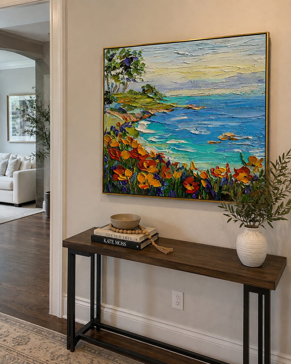 Customer photo review of Positano Afternoon Light – Blue & Terracotta Cliffside Village Painting | Coastal Living Room Wall Art
