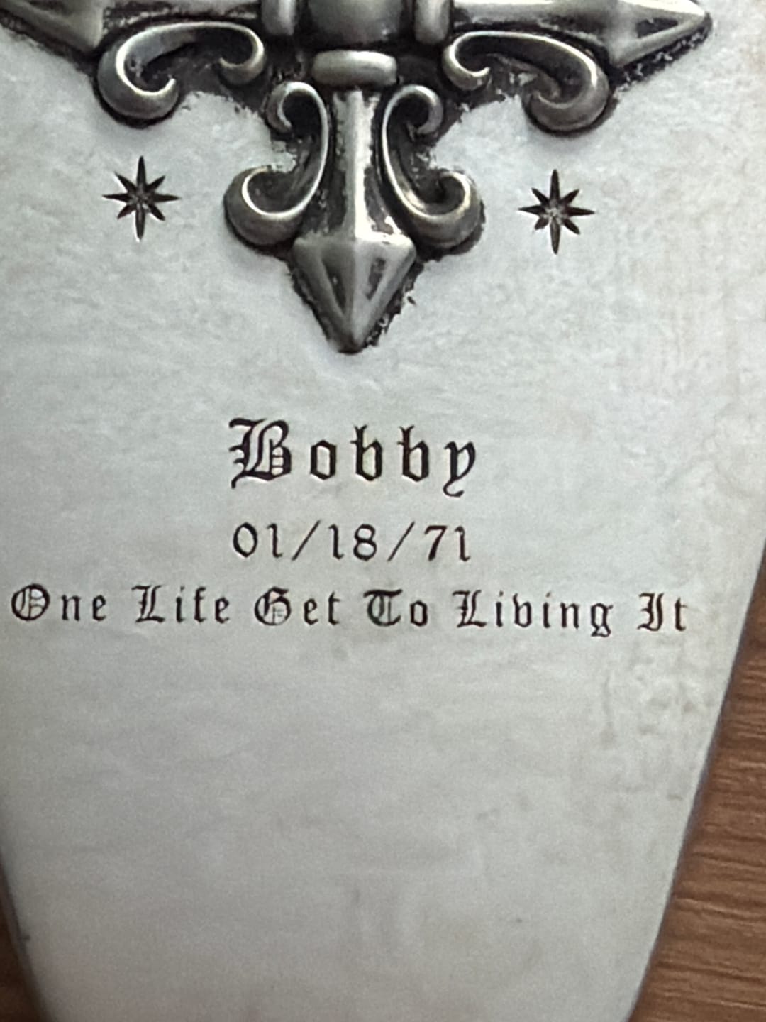 Customer photo review of Cathedral Cross Personalized Keychain