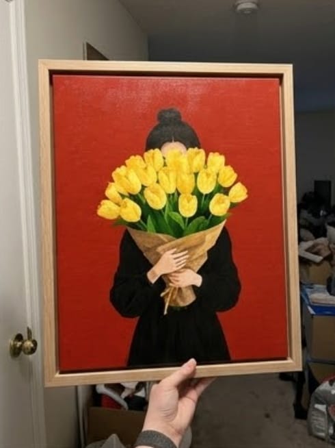 Customer photo review of Woman Holding Tulips Canvas Wall Art