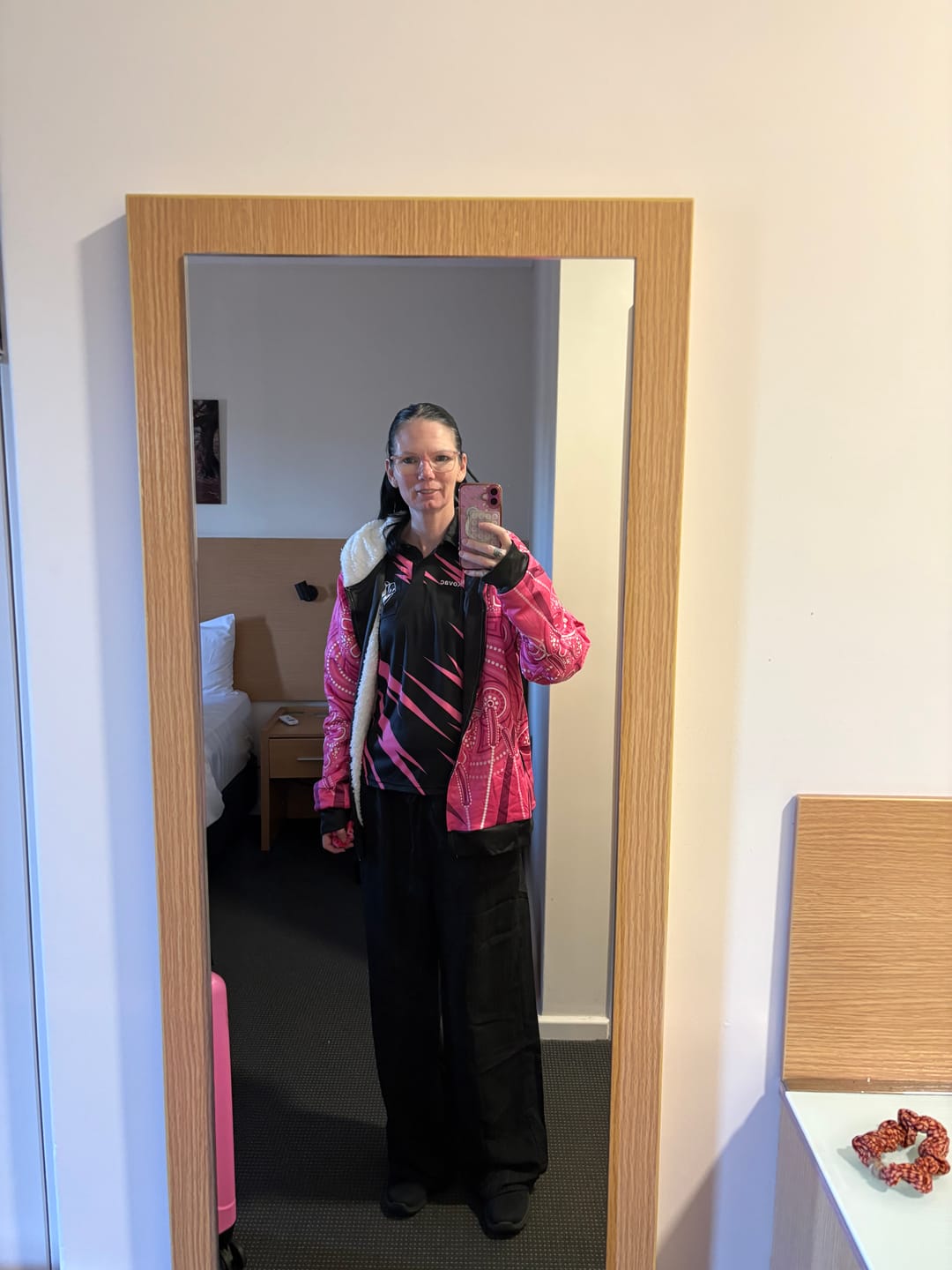 Customer photo review of Australia Indigenous Pink Month Sherpa Hoodie Breast Cancer Aboriginal Dragonflies Ribbon LT14