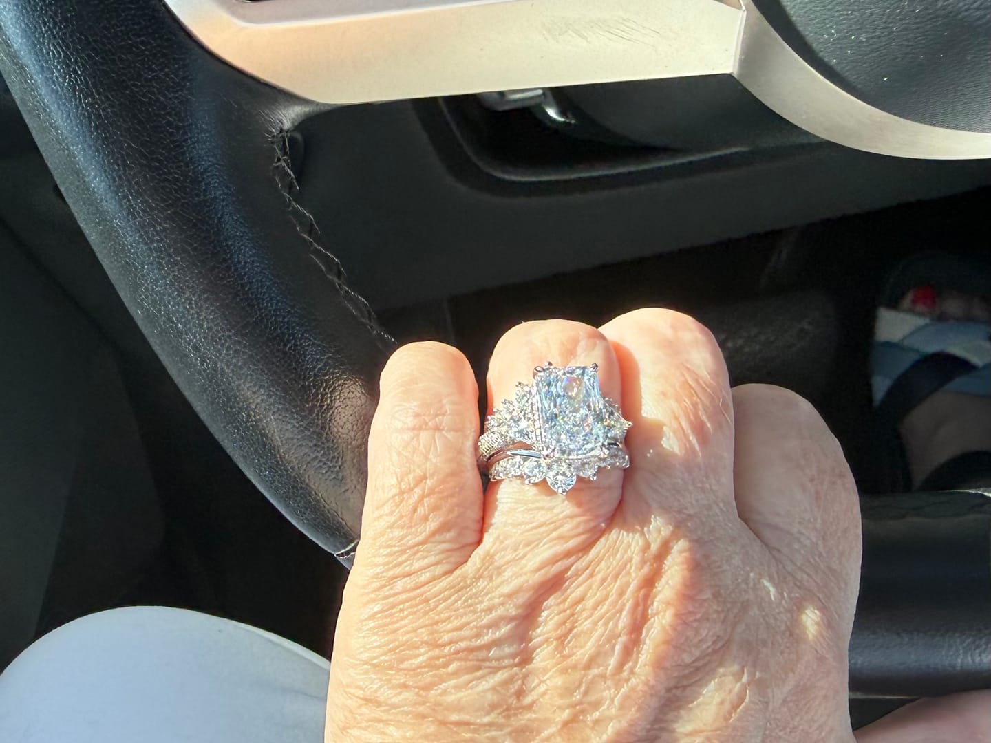 Customer photo review of S925 5.0Ct Radiant Cut Wedding Ring Set Gold Plated Side Stone Engagement Rings With Pavé Jacket Wedding Band