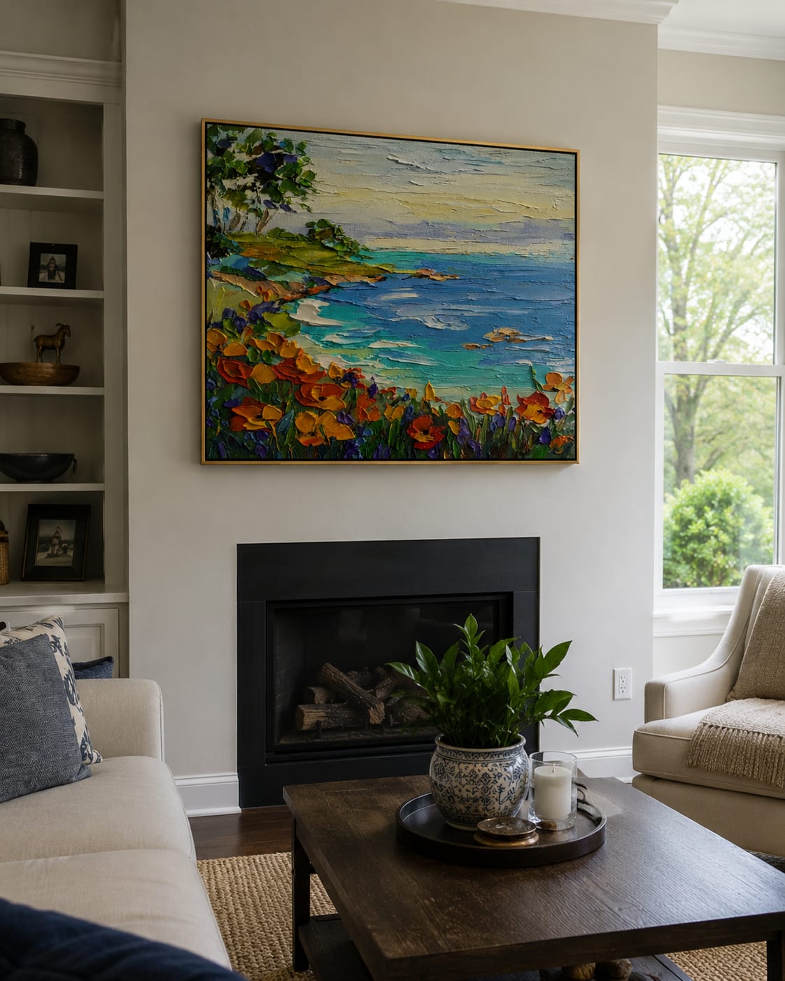 Customer photo review of Positano Afternoon Light – Blue & Terracotta Cliffside Village Painting | Coastal Living Room Wall Art