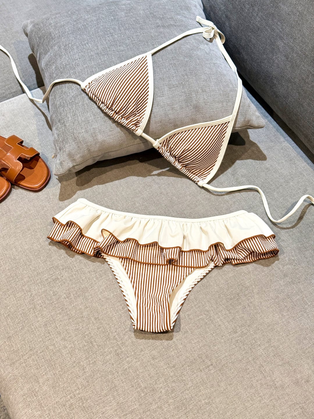 Customer photo review of Seamolly Contrast Binding Striped Layered Peplum Halter Triangle Skirtini Bikini Set