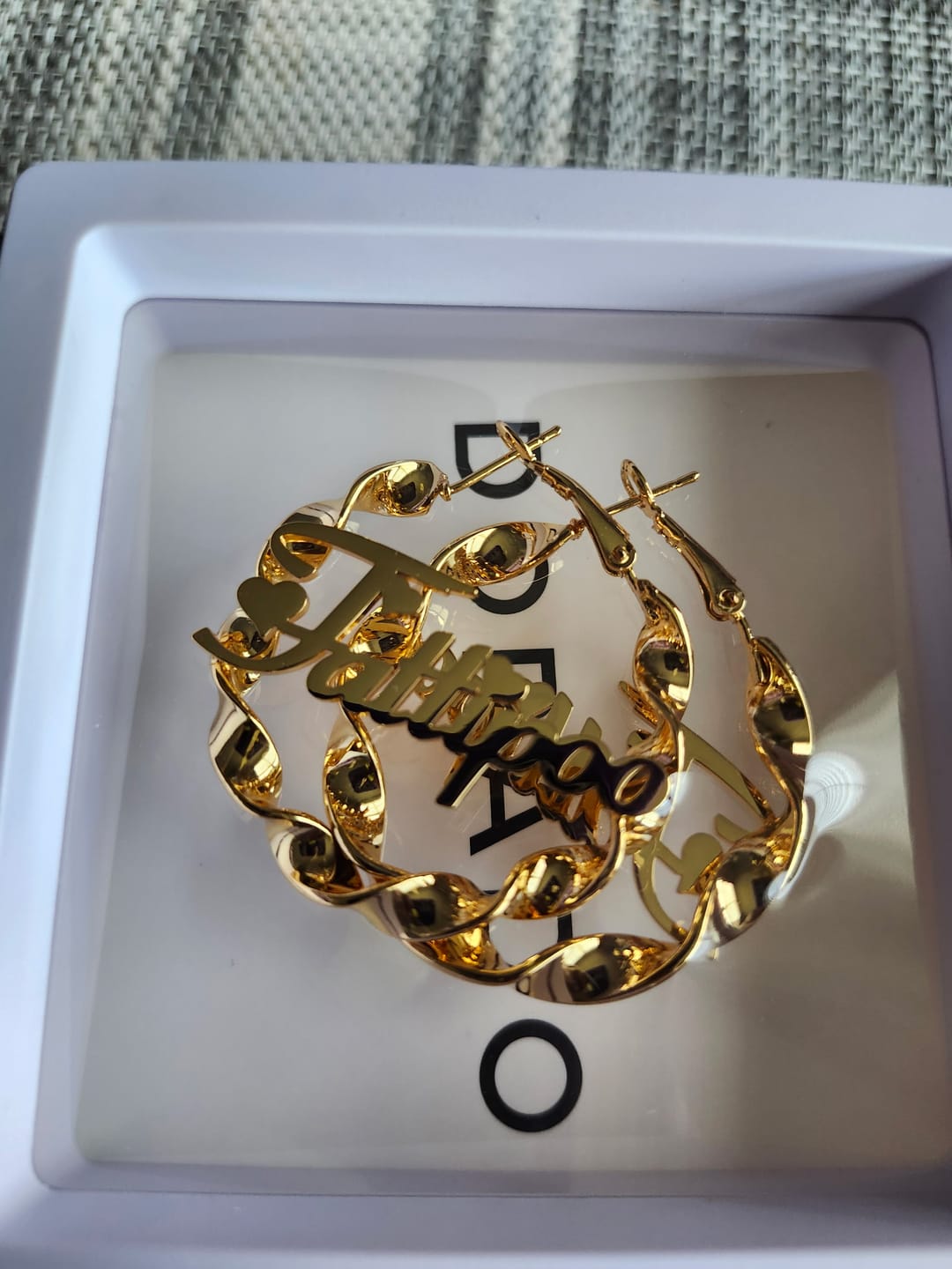 Customer photo review of Name Twirl Hoop Earrings