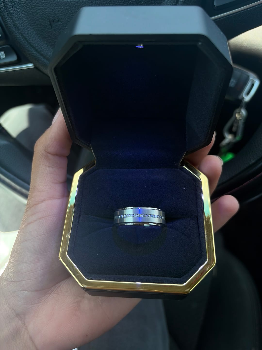 Customer photo review of Gold Titanium Ring Brushed Full Eternity White CZ Diamonds Stepped Edges 8mm