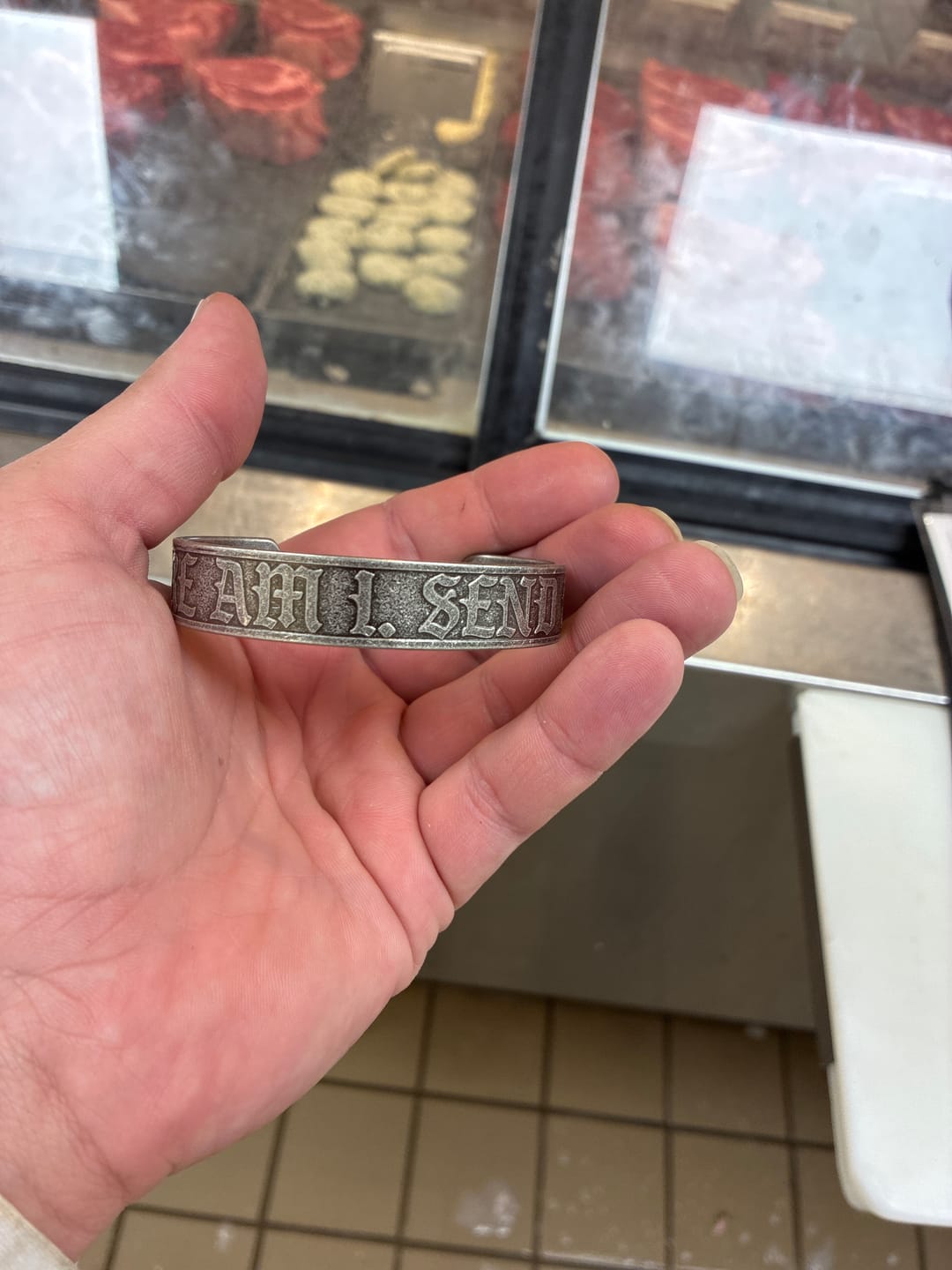 Customer photo review of Here Am I. Send Me. - Stainless Steel Cuff Bracelet