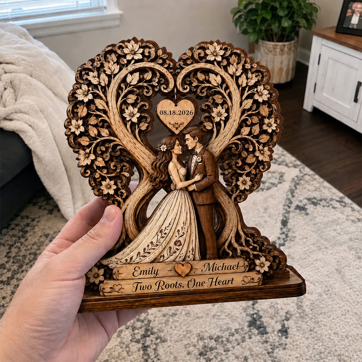 Customer photo review of Two Roots One Heart - Personalized Customized 3-layered Wooden Plaque - Sweet Love Gift For Couples, Wife, Husband