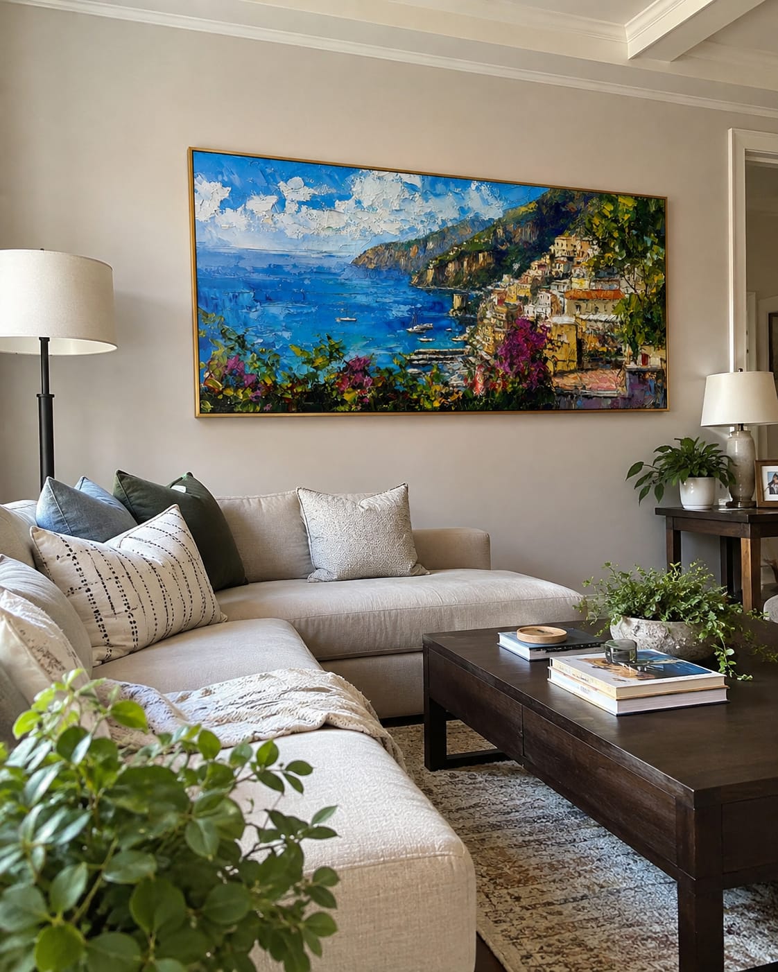 Customer photo review of Golden Coast Panorama – Blue & Green Cliffside Village Painting | Coastal Panoramic Living Room Wall Art