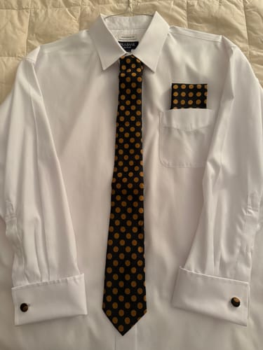 Customer photo review of Ties2you Black Tie Gold Dots Men's Necktie Pocket Square Cufflinks Set