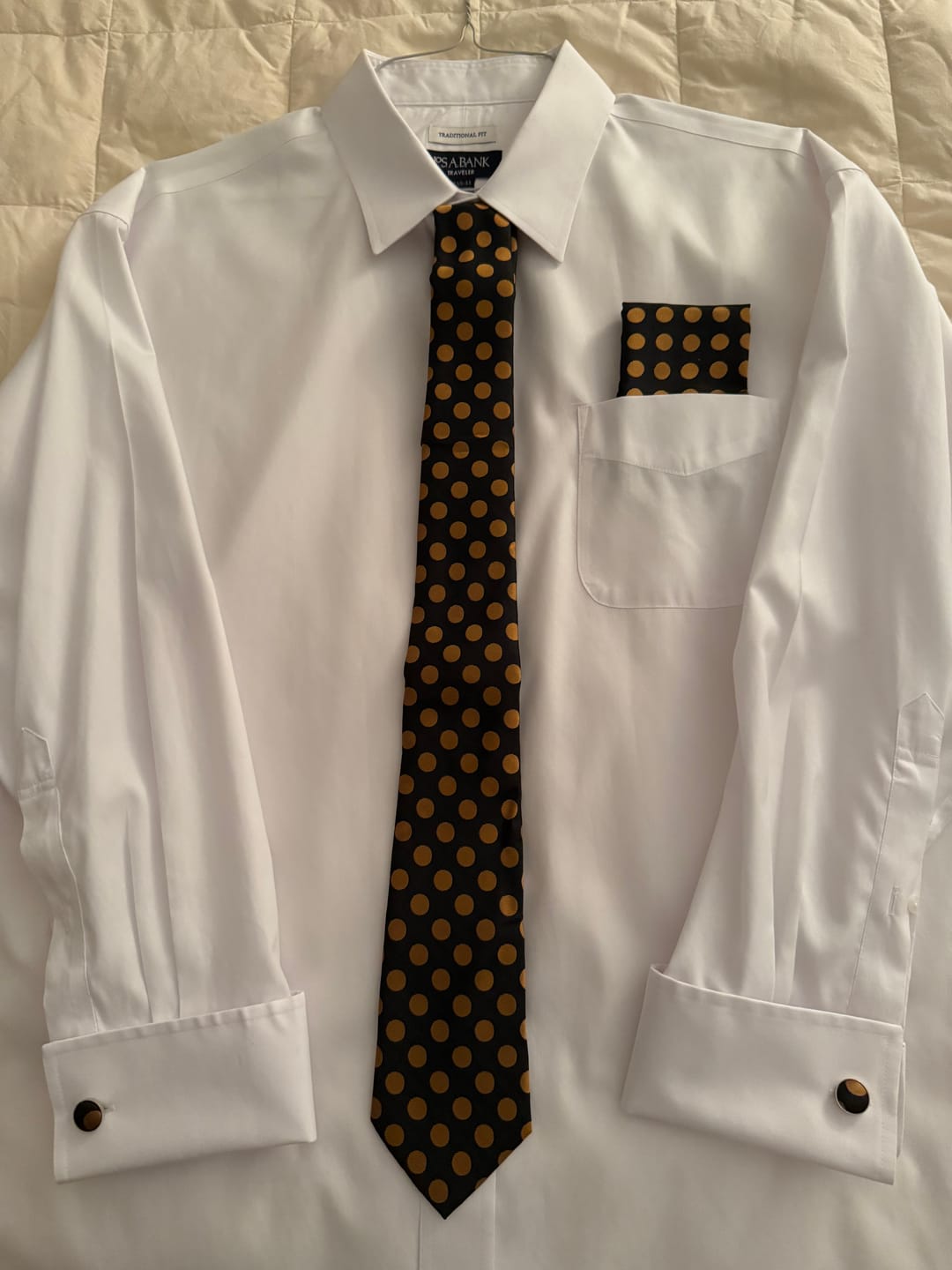 Customer photo review of Ties2you Black Tie Gold Dots Men's Necktie Pocket Square Cufflinks Set