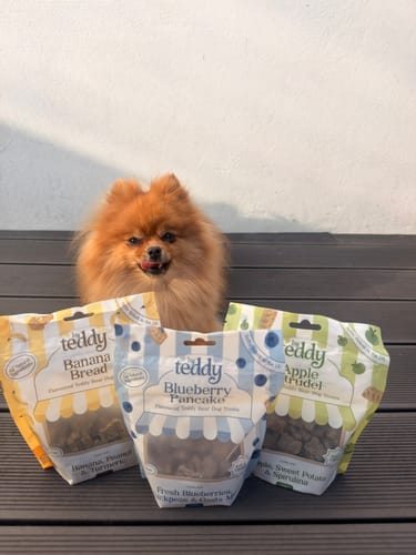 Customer's Pomeranian dog posing behind three bags of By Teddy Apple Strudel and other flavors of dog treats.
