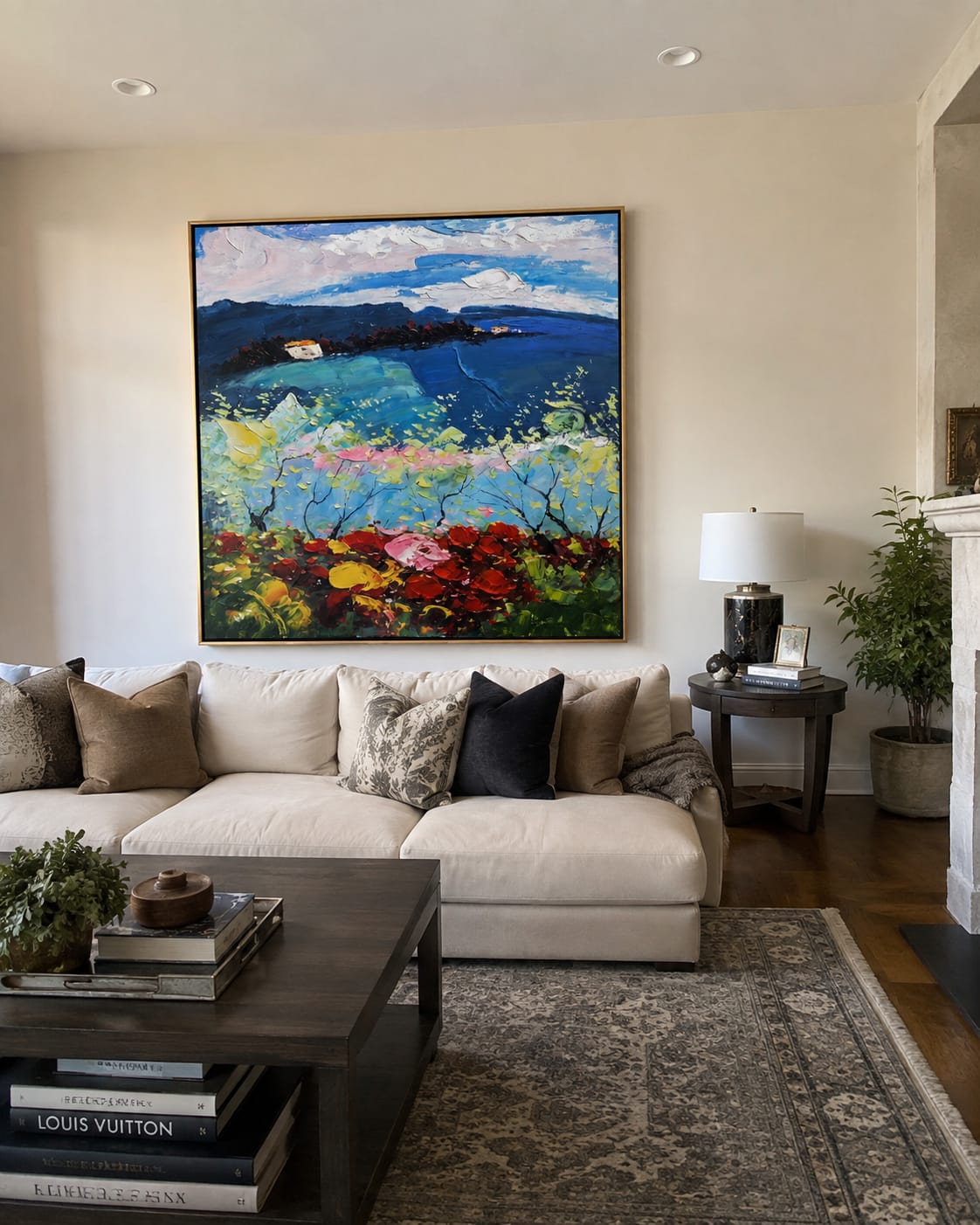 Customer photo review of Twilight Blossom Coast – Navy & Pink Coastal Painting | Coastal Living Room Wall Art