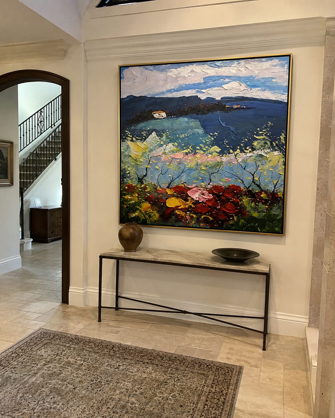Customer photo review of Twilight Blossom Coast – Navy & Pink Coastal Painting | Coastal Living Room Wall Art