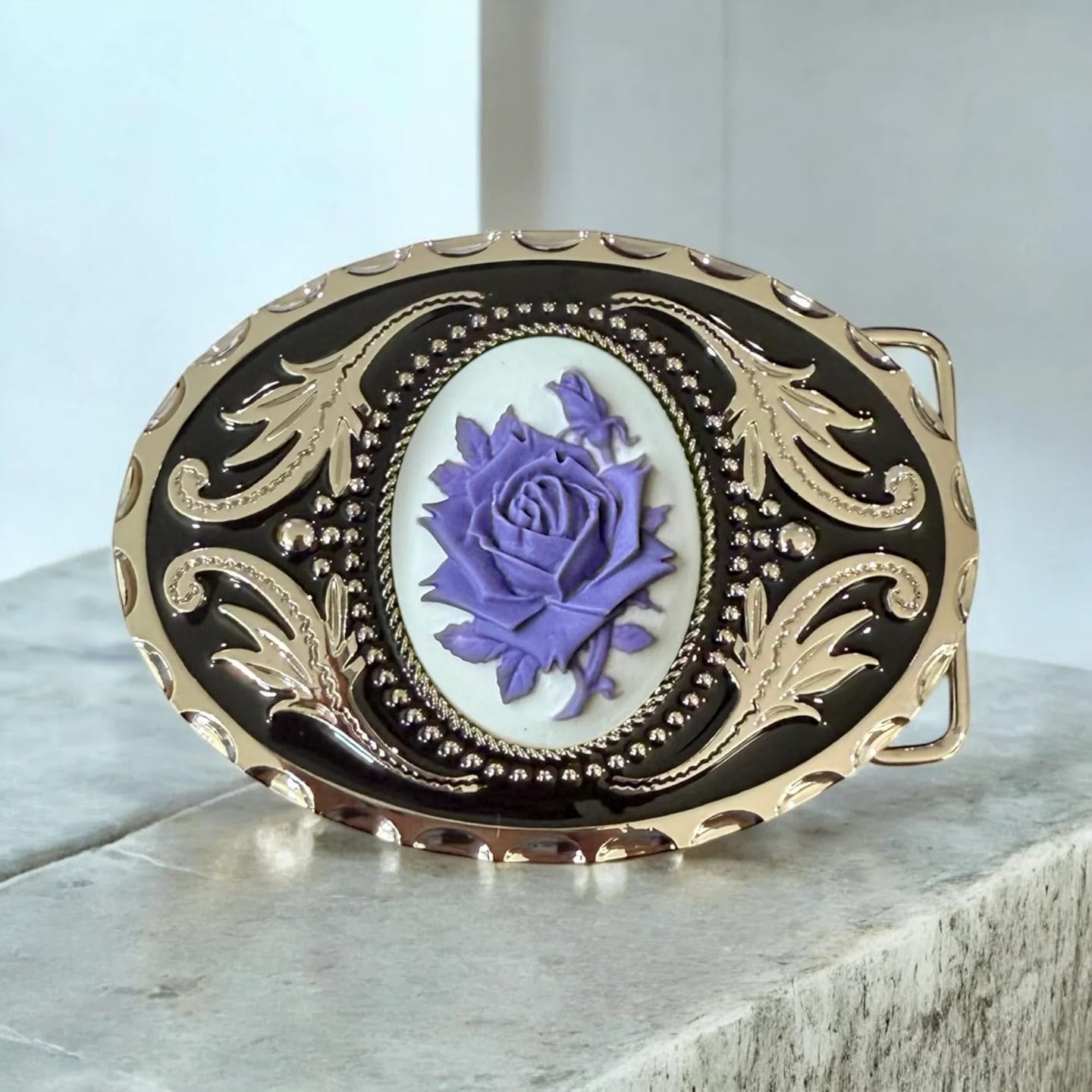 Customer photo review of Belt Buckle with Purple Rose, Western Cowboy Accessory
