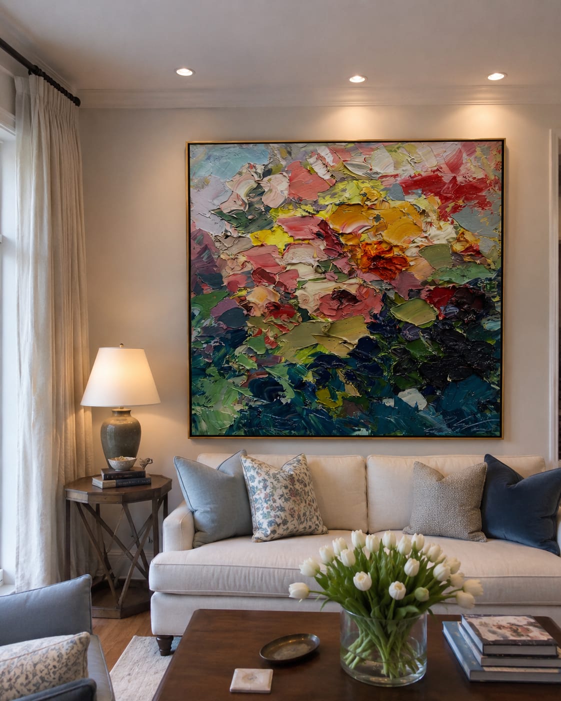 Customer photo review of Crimson Petal Blaze – Bold Abstract Floral Painting | Colorful Textured Square Wall Art