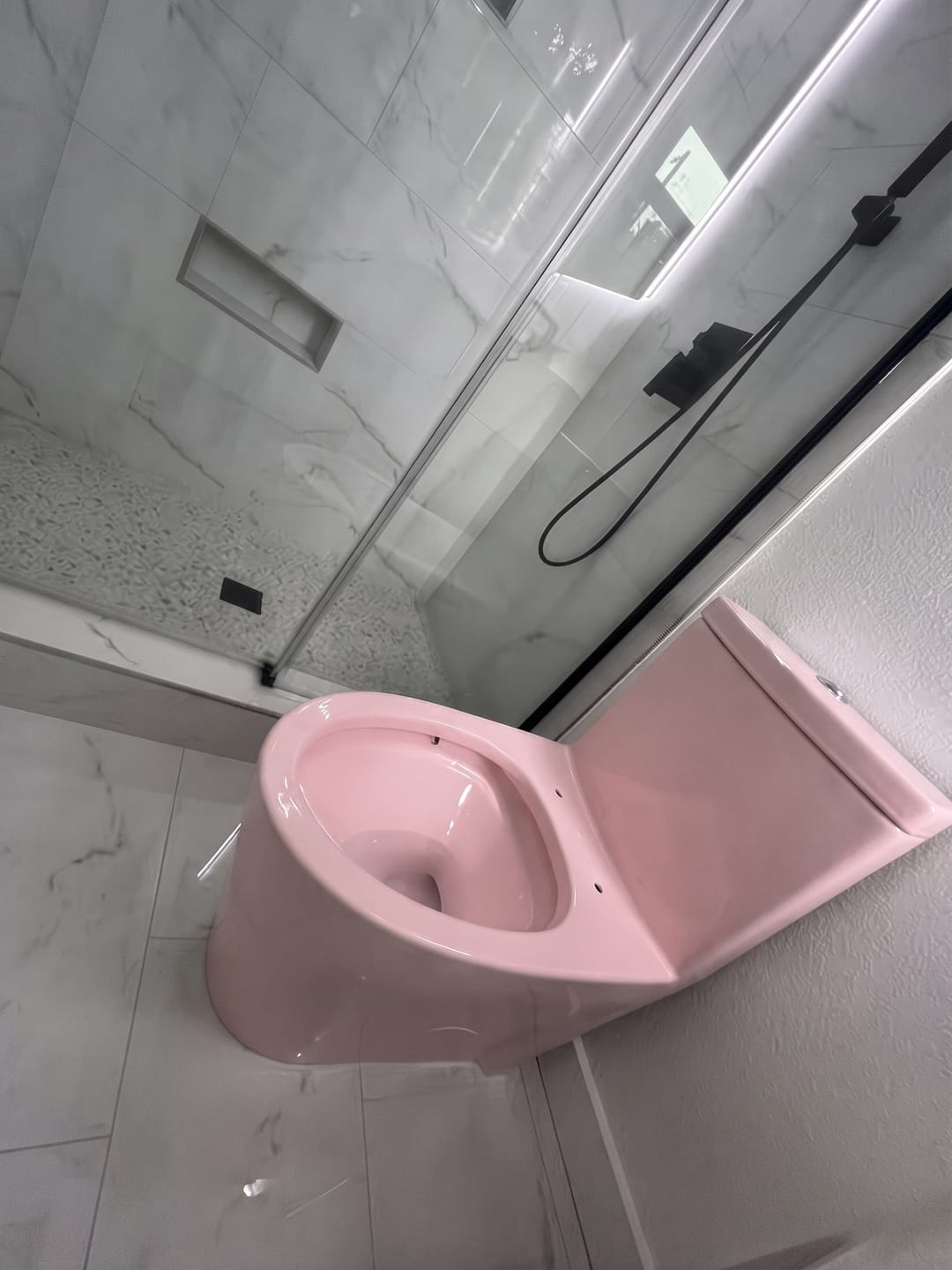 Customer photo review of Gota – Pink Modern One-Piece Toilet with Dual Flush & Soft-Close Seat