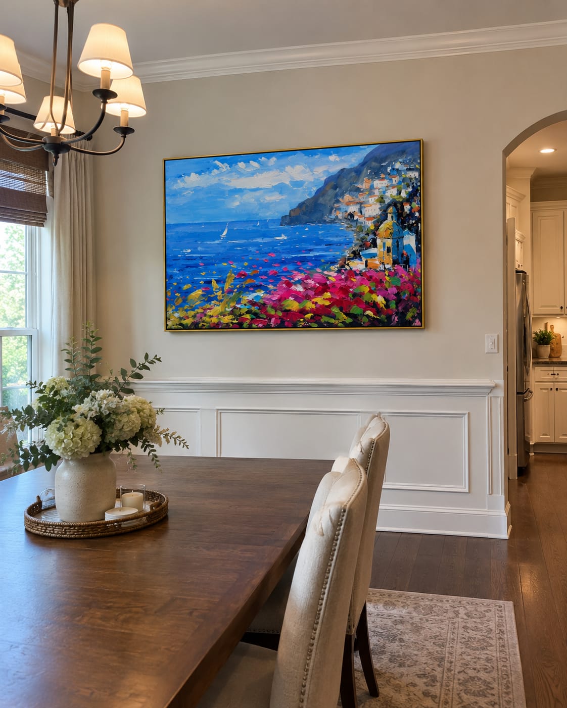 Customer photo review of Bougainvillea Cliffside Bay – Pink & Blue Coastal Village Painting | Coastal Living Room Wall Art