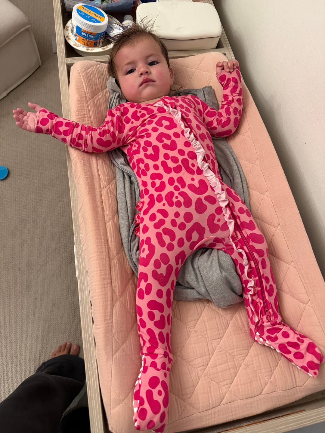Customer photo review of Ruffled Bamboo Zippy Sleeper in Bubble Gum Leopard