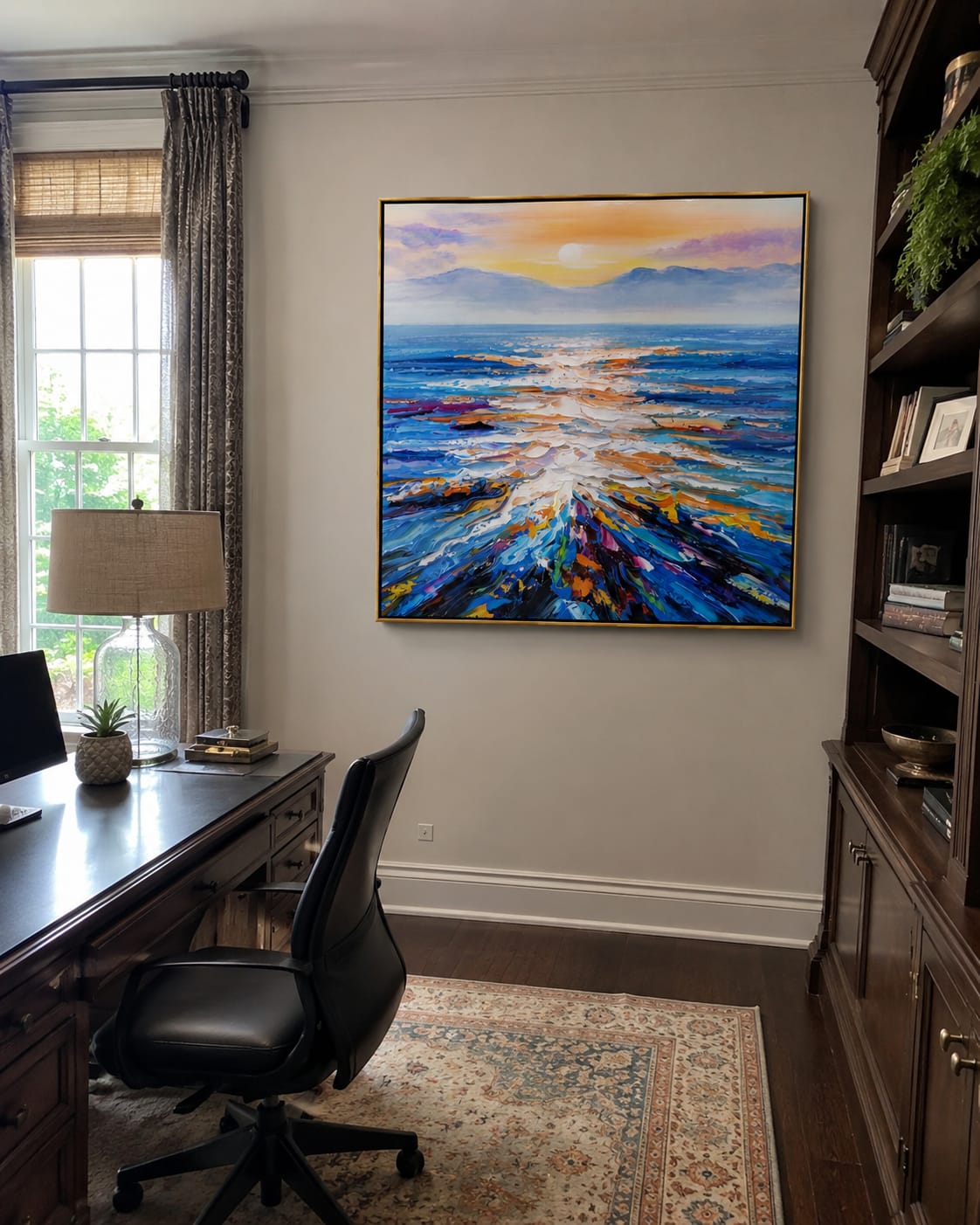 Customer photo review of Sunset Tide Convergence – Orange & Purple Abstract Seascape Painting | Coastal Living Room Wall Art