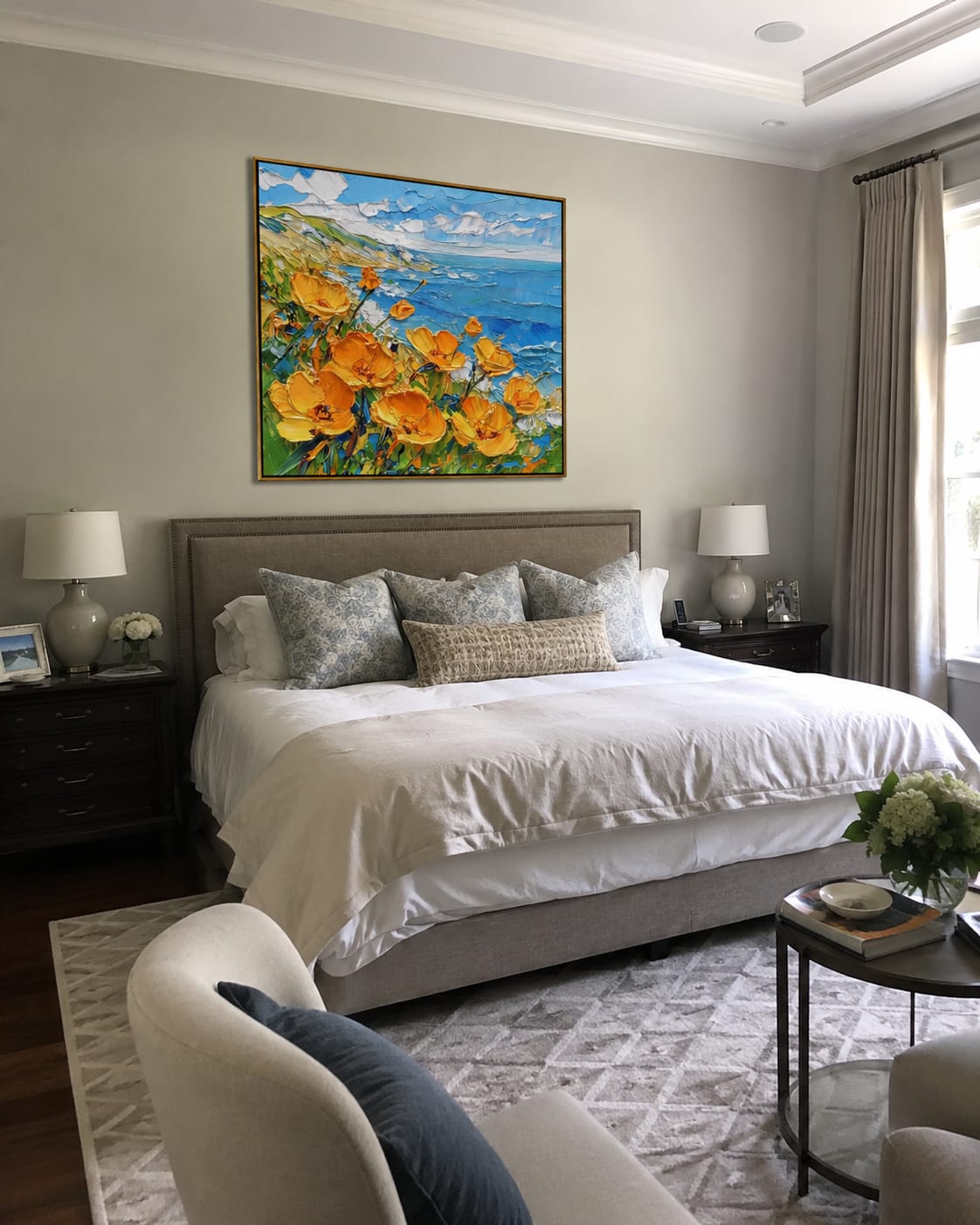 Customer photo review of Wildflower Turquoise Cove – Orange & Turquoise Coastal Painting | Coastal Living Room Wall Art
