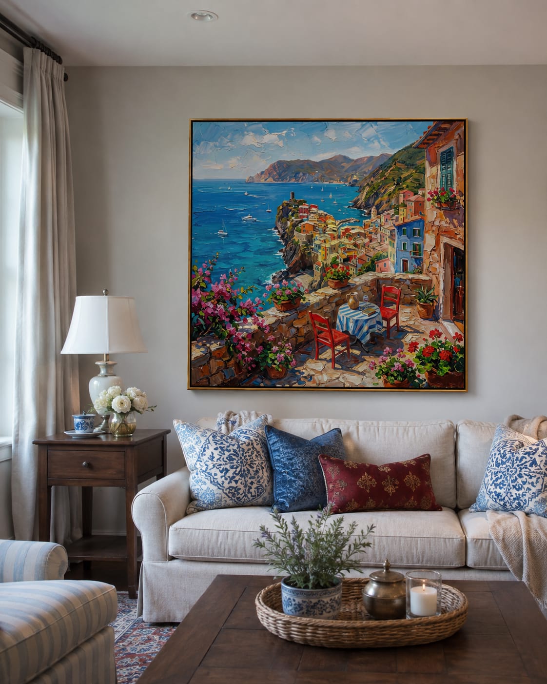 Customer photo review of Terrace for Two – Red & Blue Coastal Terrace Painting | Coastal Living Room Wall Art