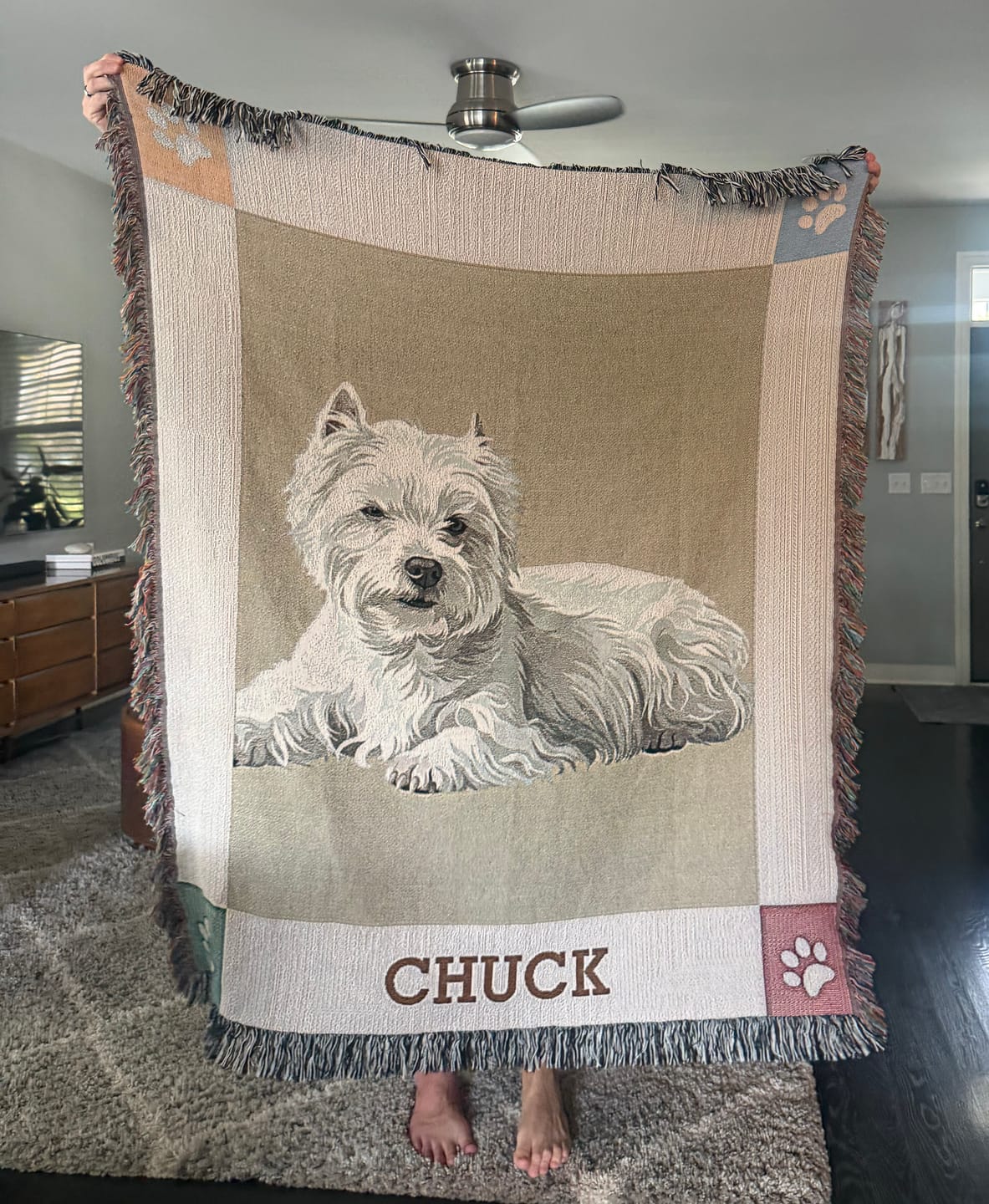 Customer photo review of Custom Pet Portrait Monogram Throw Blanket