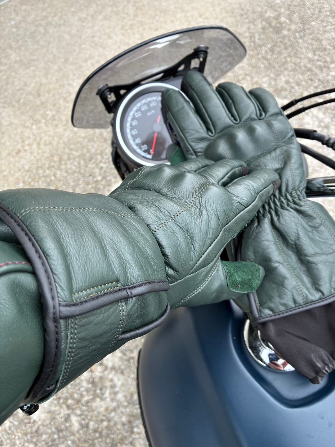 Customer photo review of *NEW* GEN 2 'The Original' Double Length Gauntlet | Extra Long Warm Motorbike Gloves | British Racing Green Leather