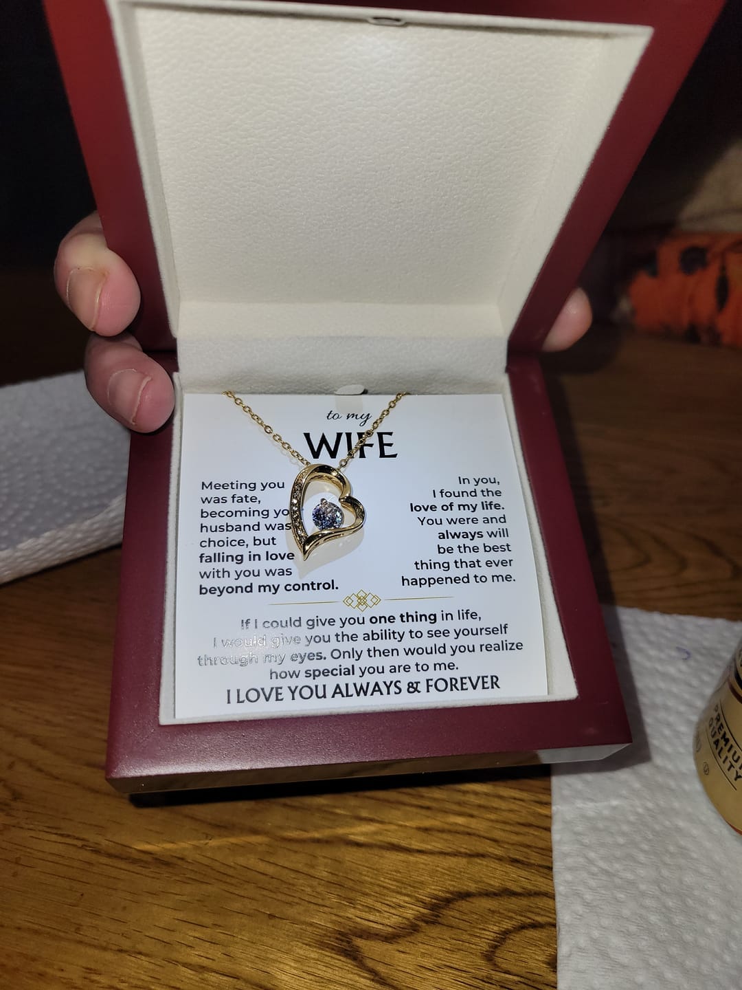 Customer photo review of To My Wife Forever Love Necklace – Romantic Gift from Husband with Heartfelt Message Card
