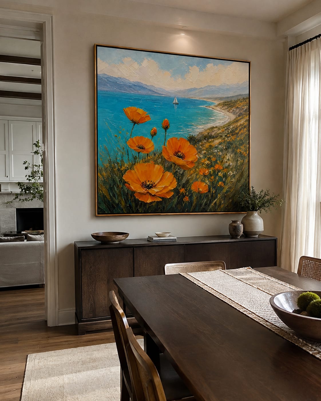 Customer photo review of Sail Beyond Poppy Fields – Orange & Blue Coastal Painting | Coastal Bedroom Wall Art