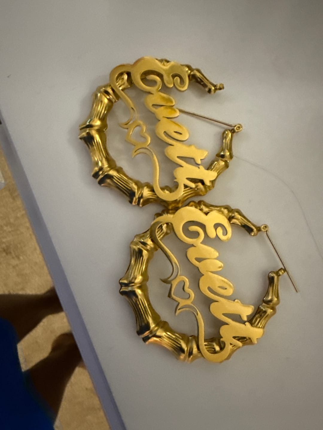 Customer photo review of Heart Outline Bamboo Name Hoop Earrings