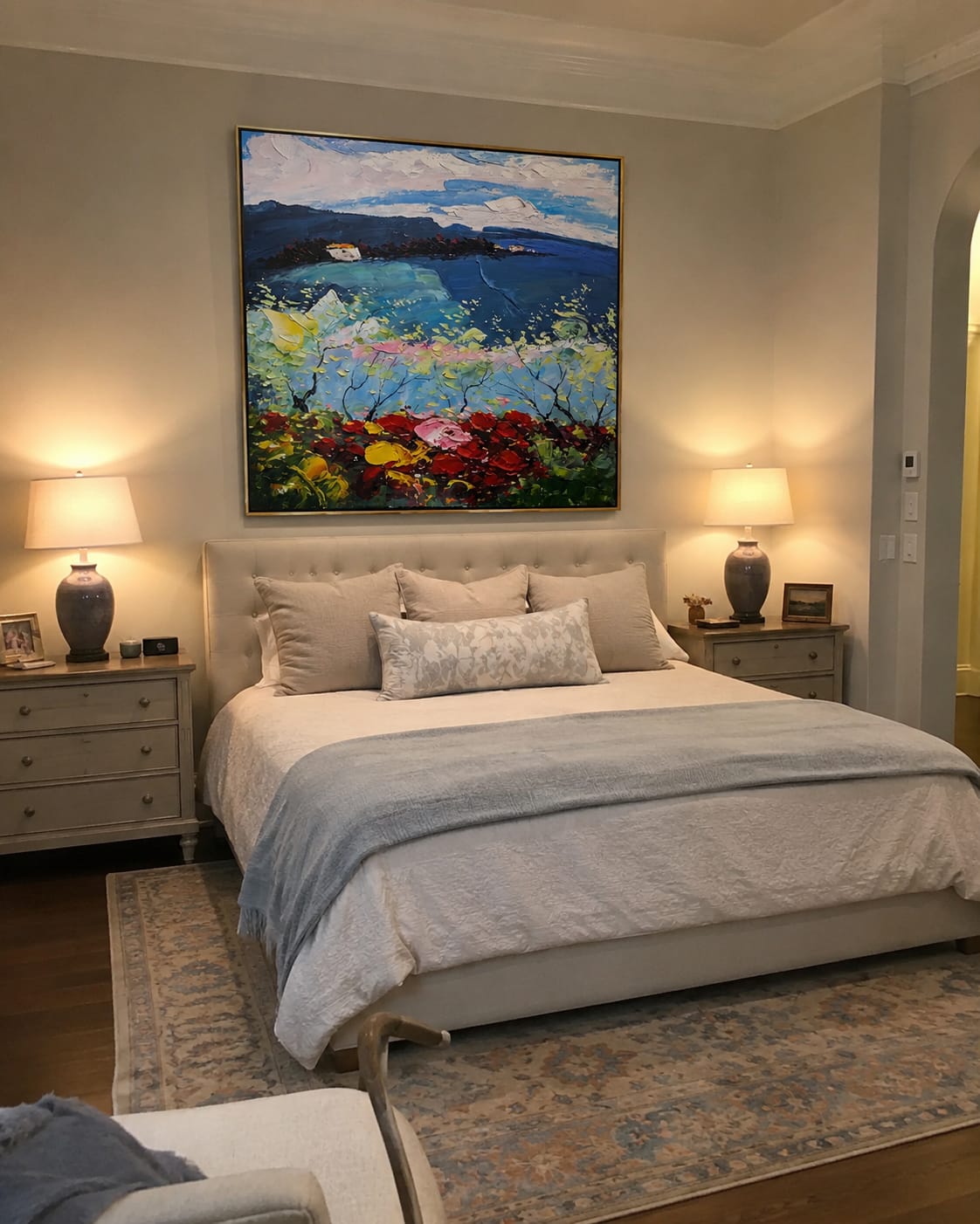 Customer photo review of Twilight Blossom Coast – Navy & Pink Coastal Painting | Coastal Living Room Wall Art