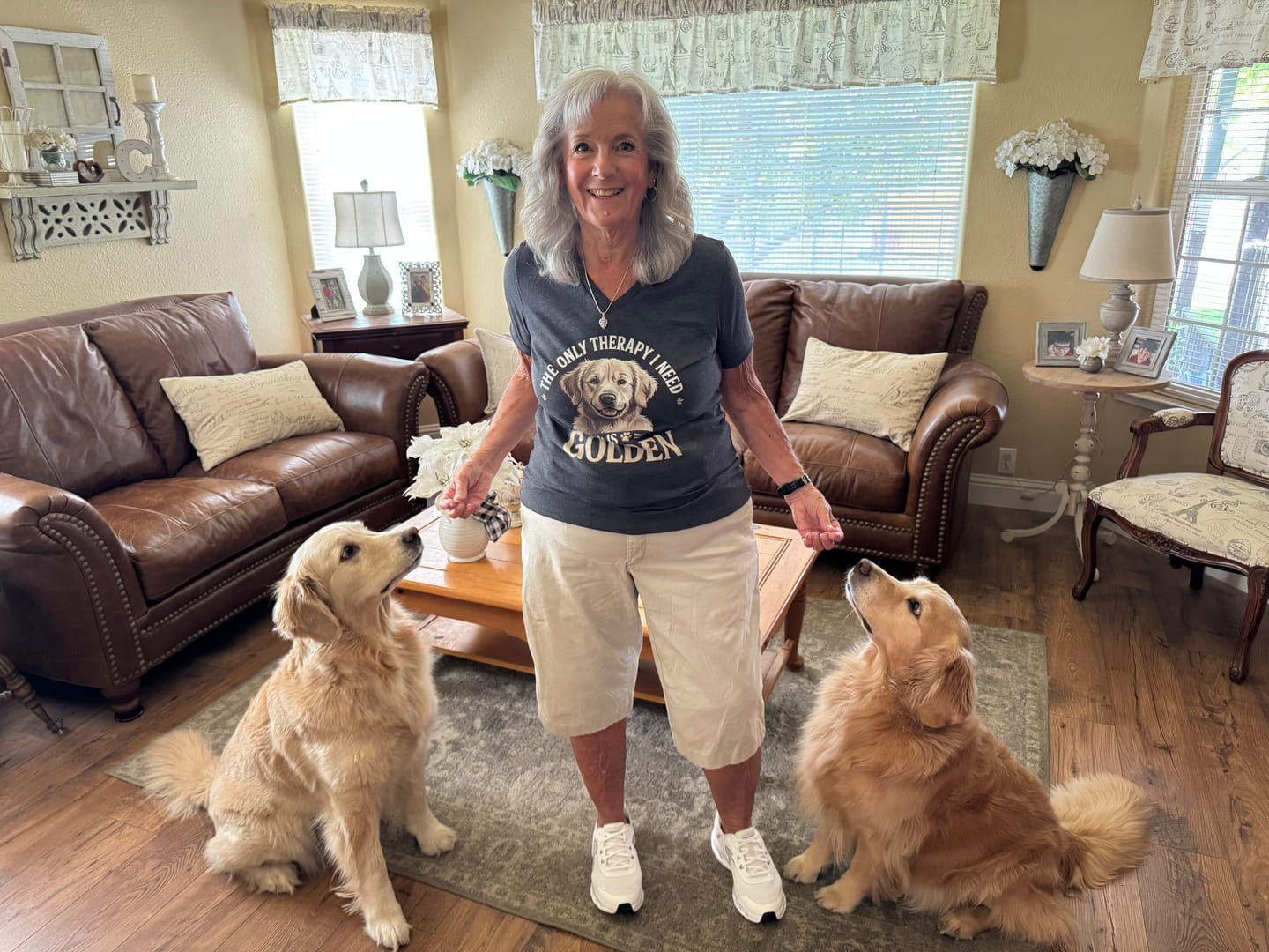 Customer photo review of Golden Retriever Therapy V-Neck Tee