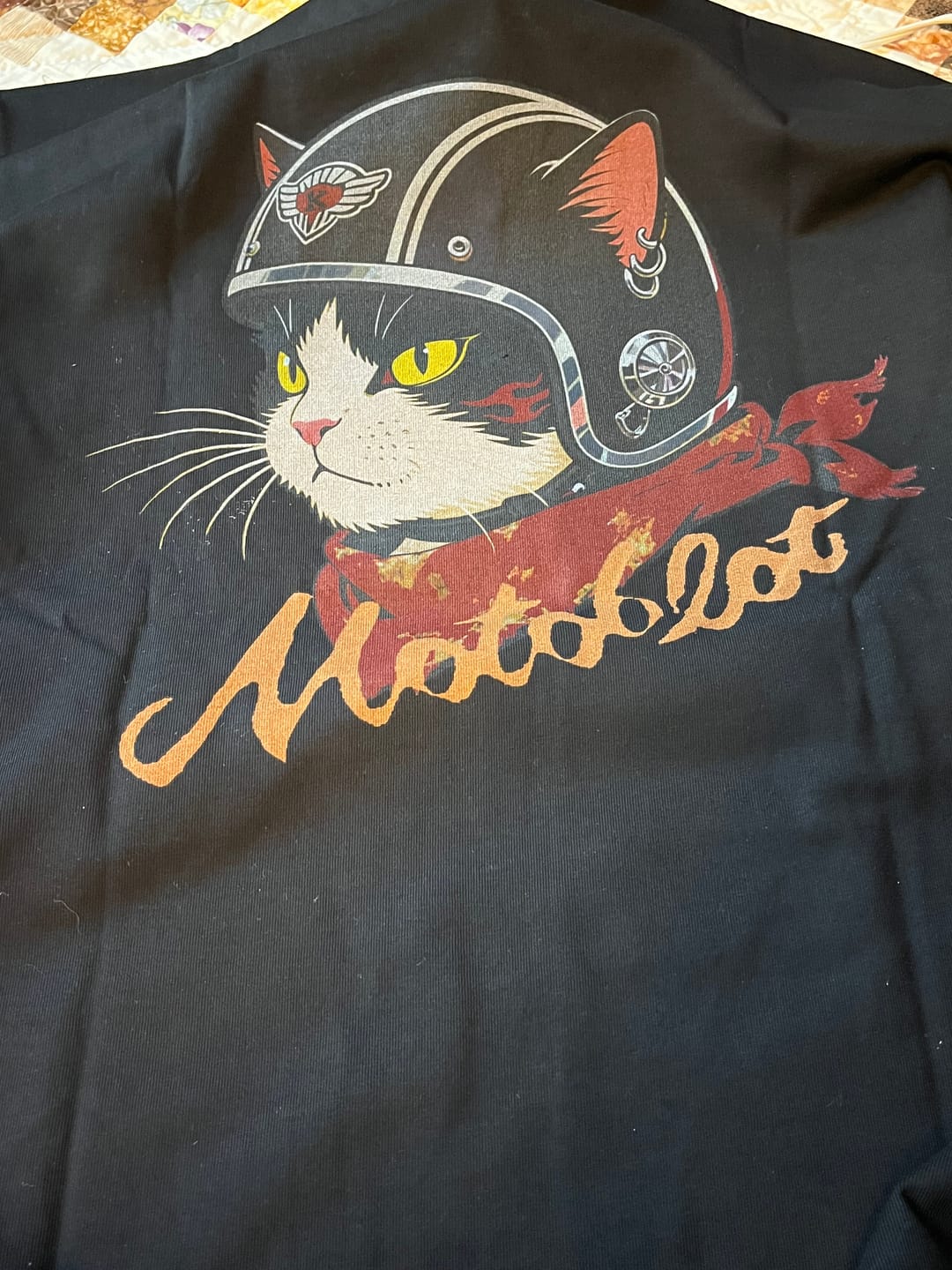 Customer photo review of 「ヘルメットを被った猫」プリント＆KaraKuロゴ刺繡コットンTee　新色追加！