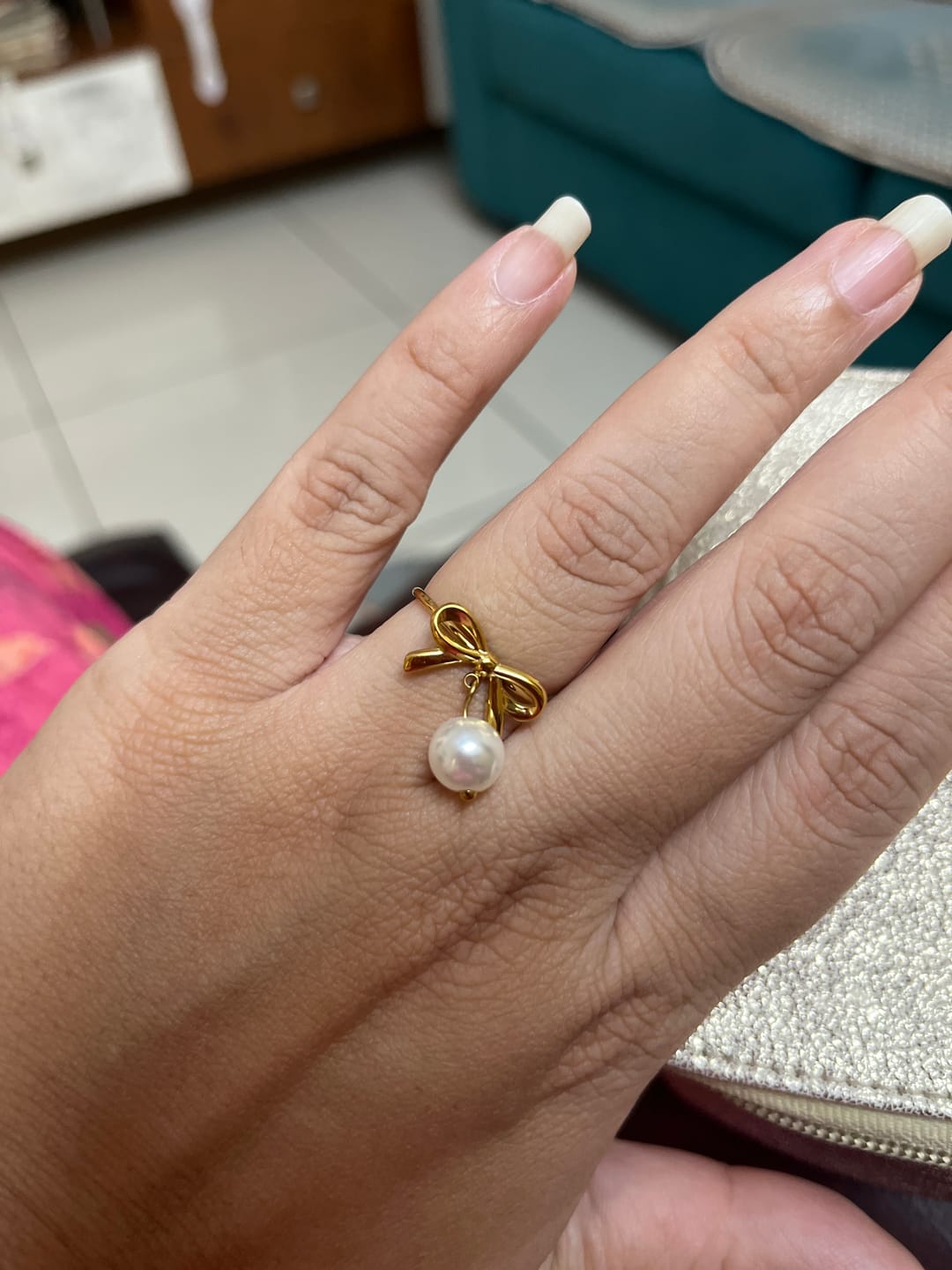 Customer photo review of Ribbon Pearl Drop Ring