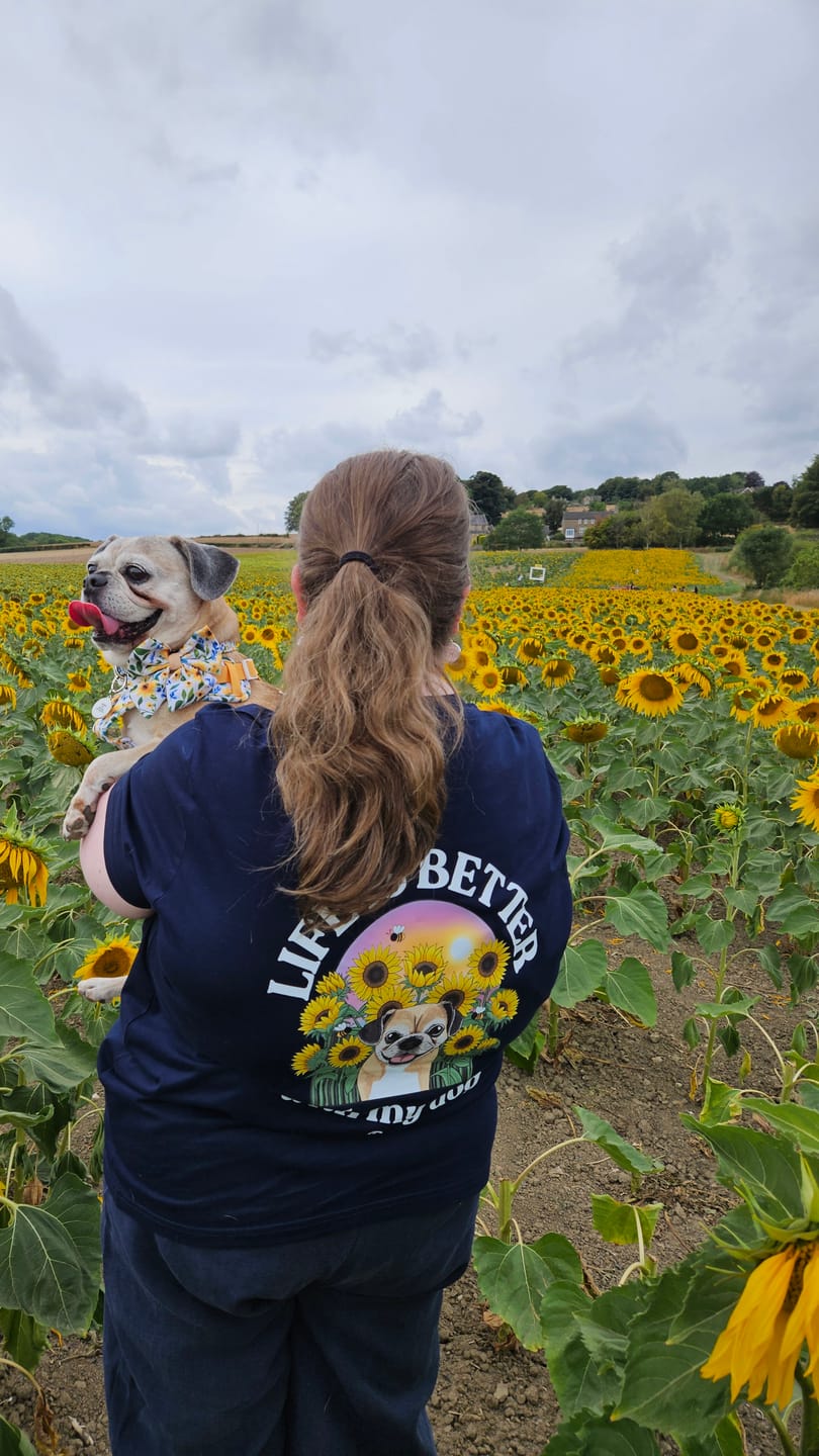 Customer photo review of Personalised Sunflower T-Shirt | Life is Better With My Dog